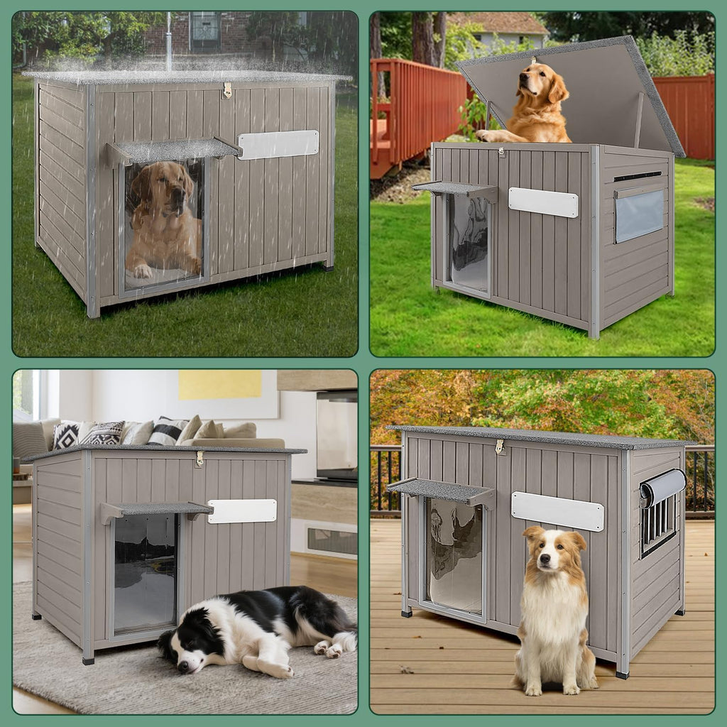 43.3" L Large Outdoor Dog House Weatherproof Doghouse for Medium to Large Dogs with Anti Bite Frames Wooden Dog