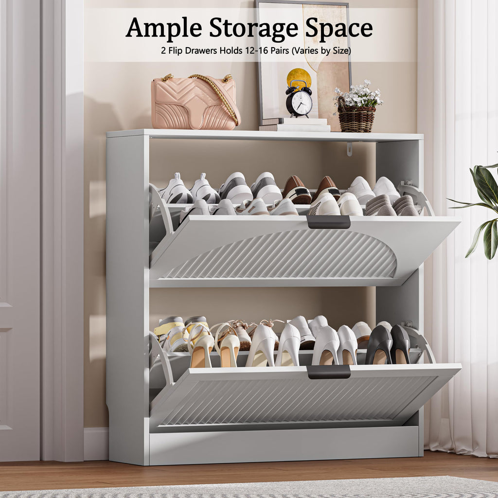 Fluted Shoe Storage Cabinet, 2 Flip Drawers, White