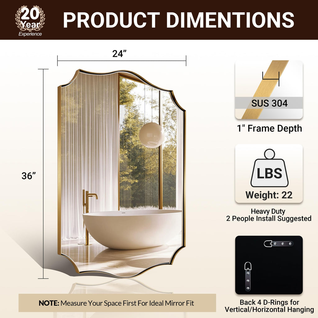 Bathroom Vanity Mirror, 24x36 Irregular Wall Mirror, Gold Antique Mirror, Asymmetrical Mirror in Anti-Rust Stainless