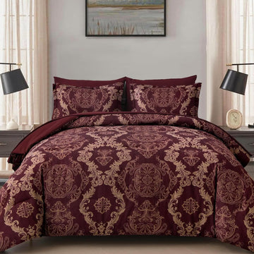Burgundy Comforter Set Full Size, Maroon Damask Texture 7 Pieces Bed in a Bag Microfiber Comforter Bedding Sets -1