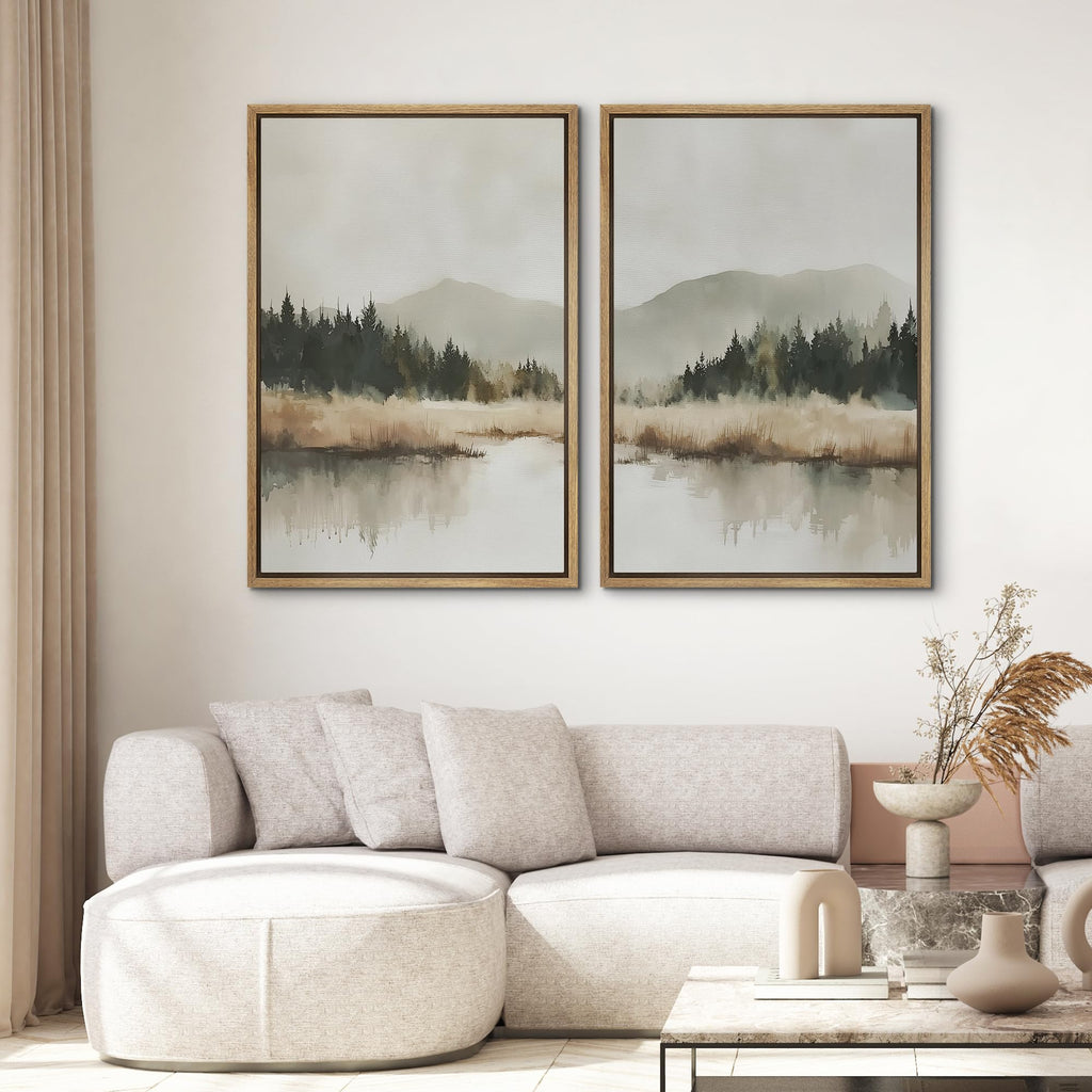 Framed Canvas Print Wall Art Misty Pine Mountain Lake Illustrations Modern Art Decorative - 16"x24"x2 NATURAL