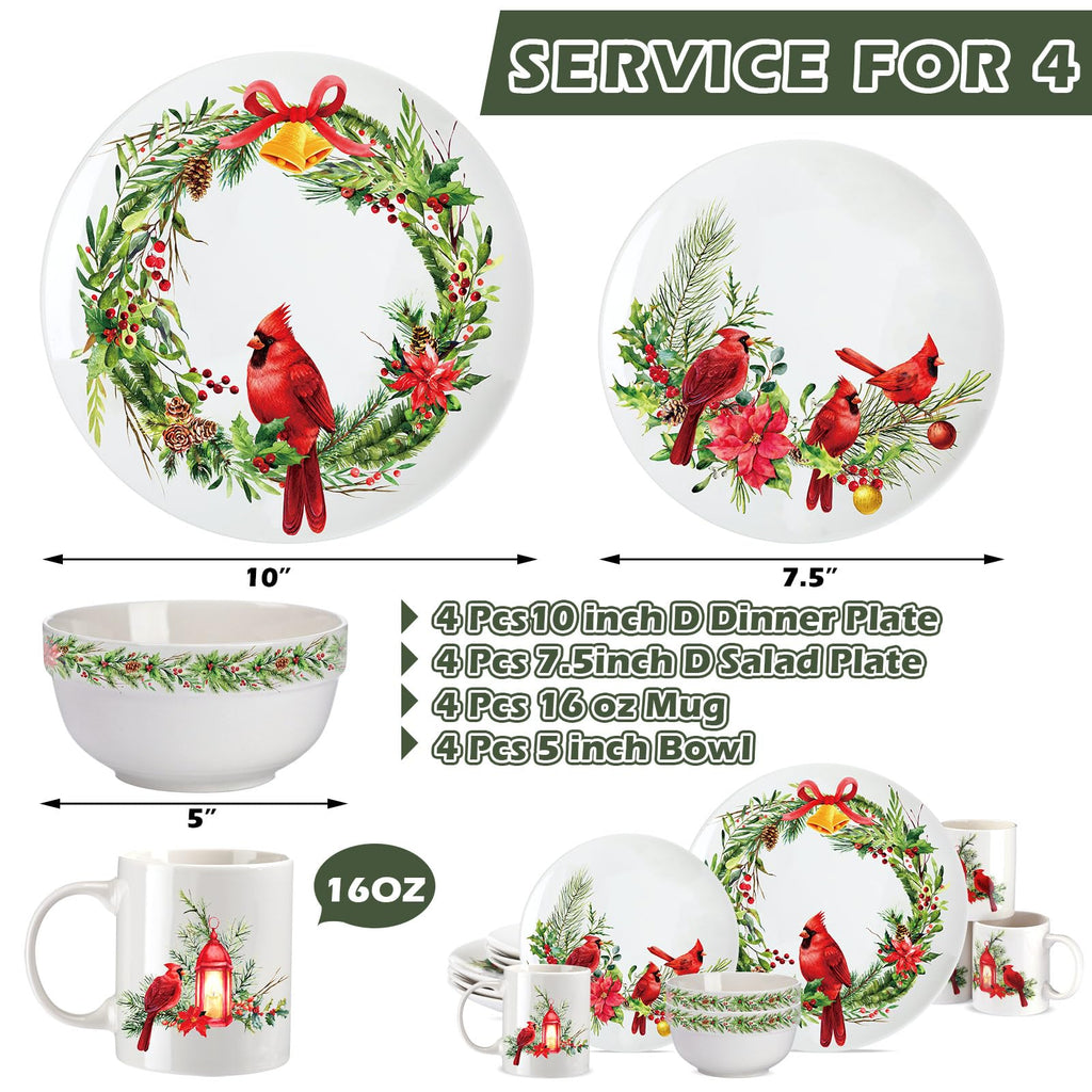 16 Pcs Christmas Cardinal Dinnerware Set Floral Dinnerware Ceramic