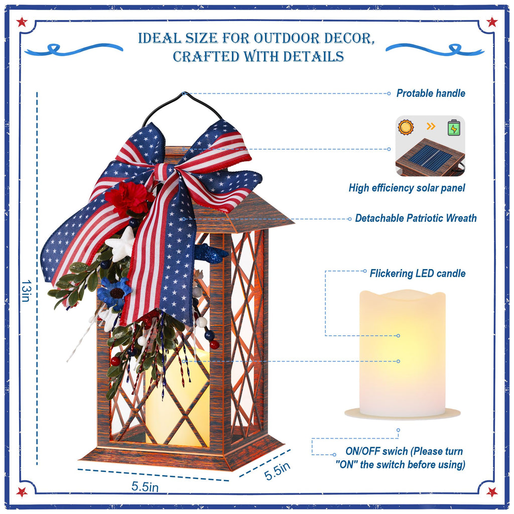 4th of July Solar Lanterns Outdoor Waterproof, Patriotic Hanging Lantern with Flickering LED Candle, 13" Independence