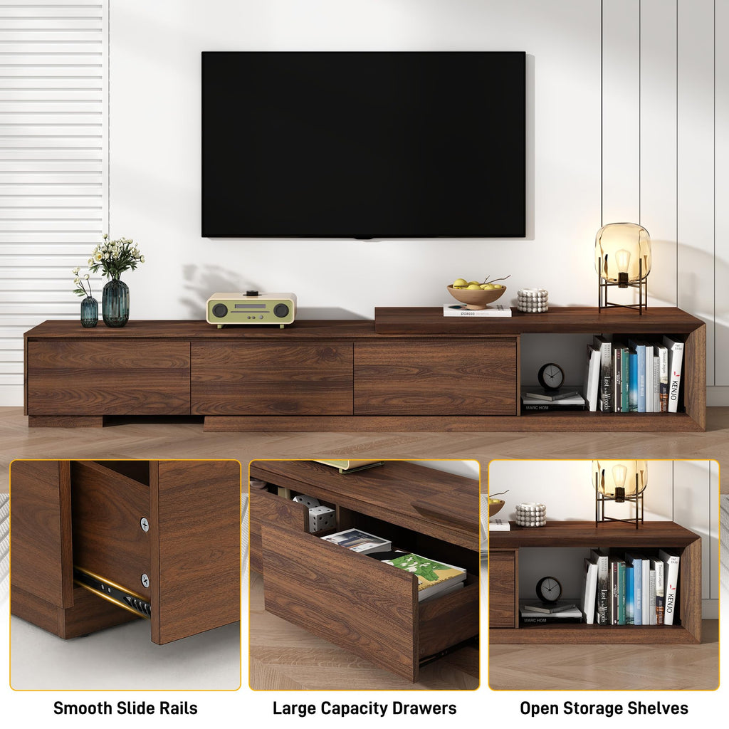 Extendable TV Stand with 3 Drawers, Modern Minimalist Entertainment Center, Reversible Long TV Media Console, Bevel