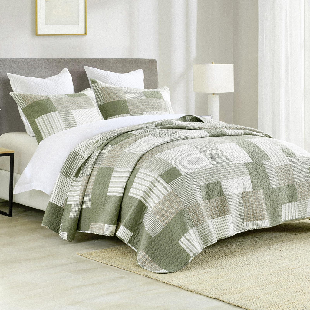 Plaid Quilt Set, Patchwork Light Green Quilt Bedding Set, 100% Cotton Bedspreads, Farmhouse Rustic