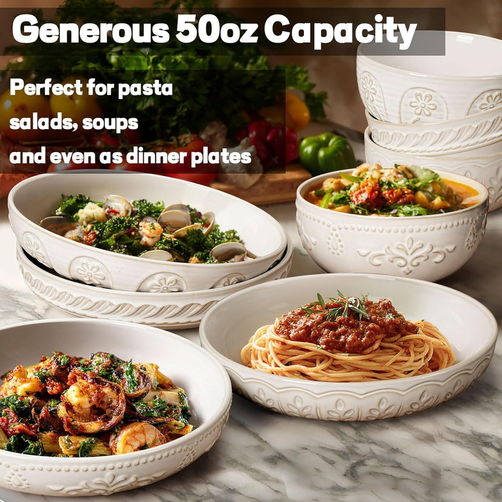 Pasta Bowls, 50oz Large Salad Serving Bowls, 9.75'' Plates Bowls Set of 4, Big White Ceramic Soup Bowls , Embossment