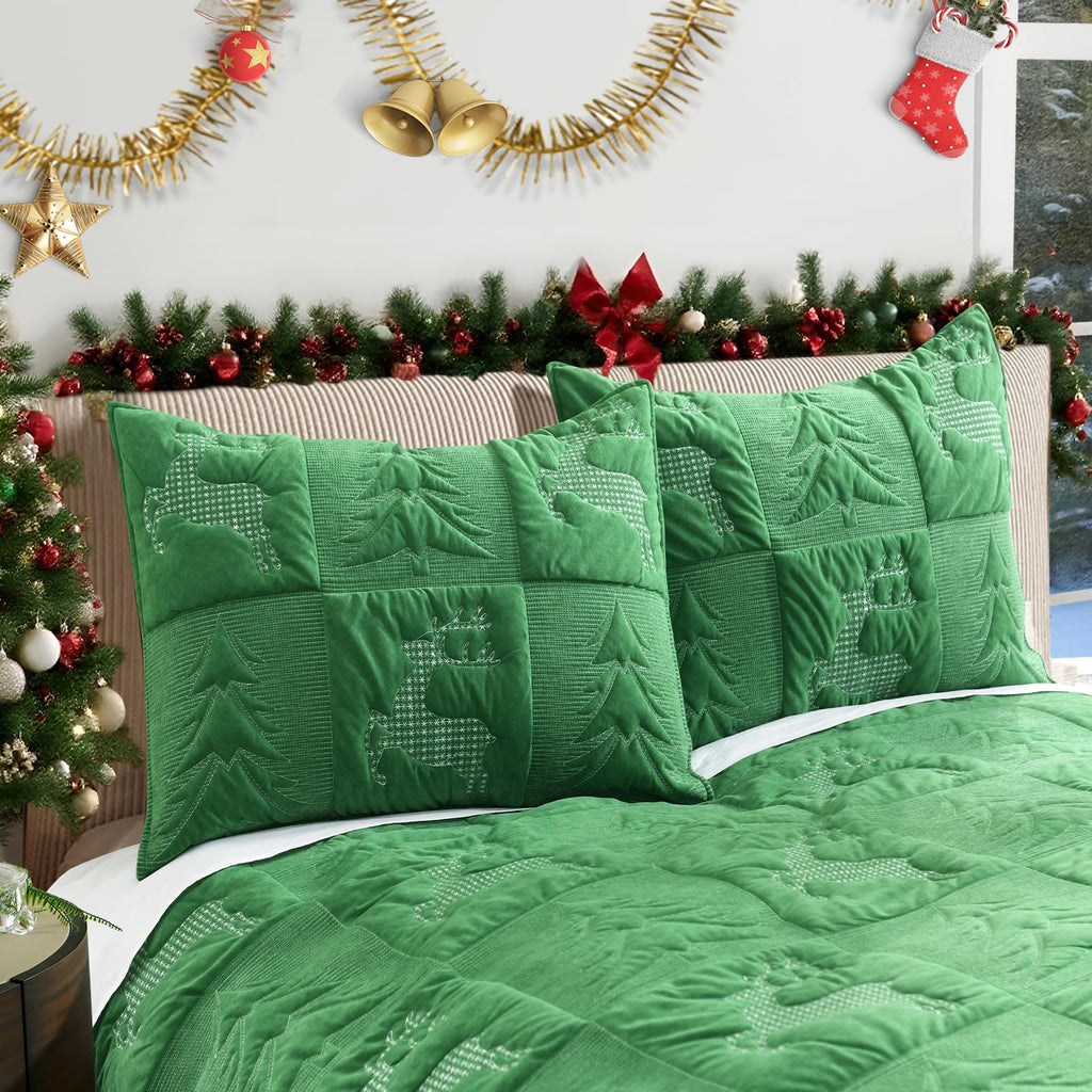 Christmas Quilt Set King Size, Holiday Bedding Coverlet, Green