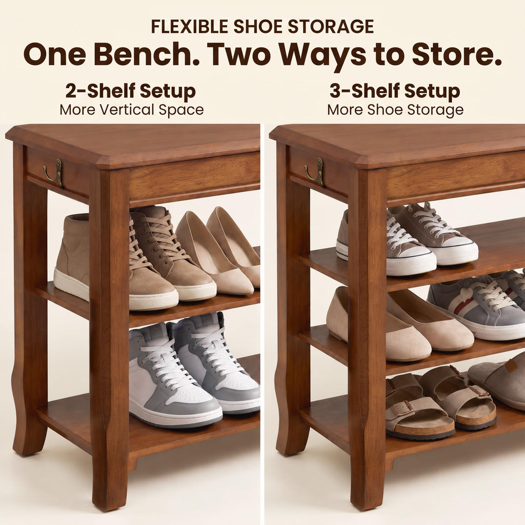 Shoe Rack Bench with Storage 3 Tier Solid Wood Entryway Shoe Rack 31.5"