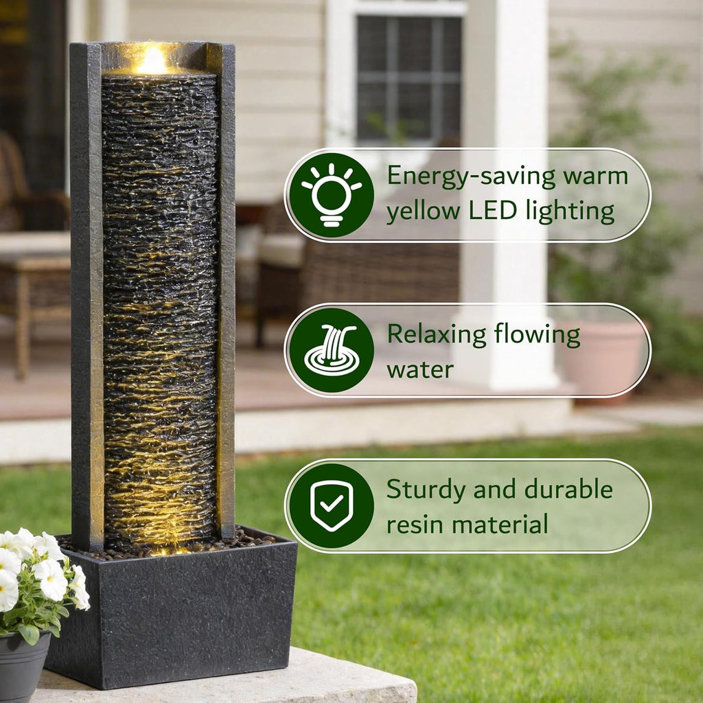 Outdoor Floor Standing Water Fountain with LED Lights, 36-Inch Modern Rectangular Cascading Waterfall Feature