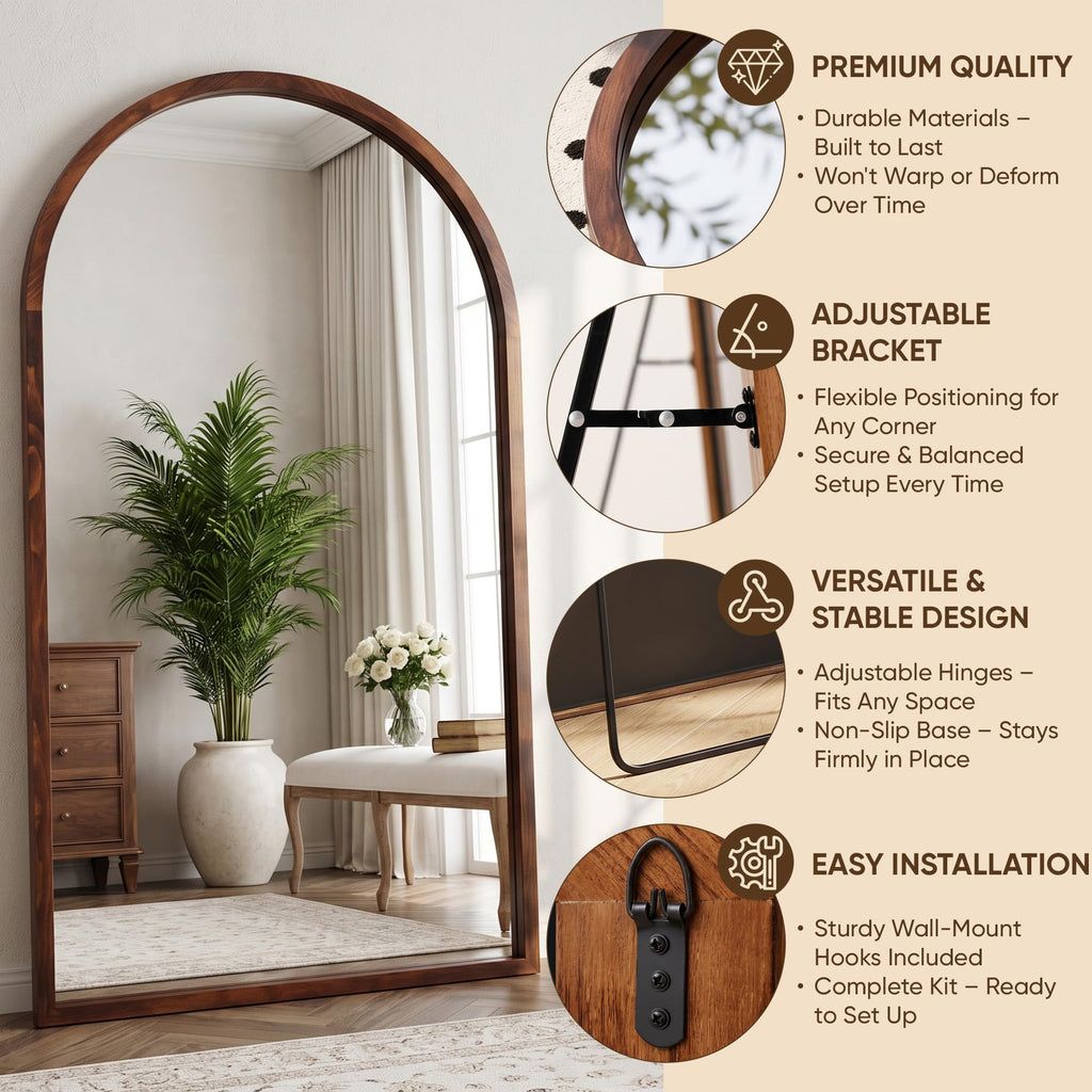 76" x 41" Arched Full Length Mirror, Solid Wood Frame Floor Mirror