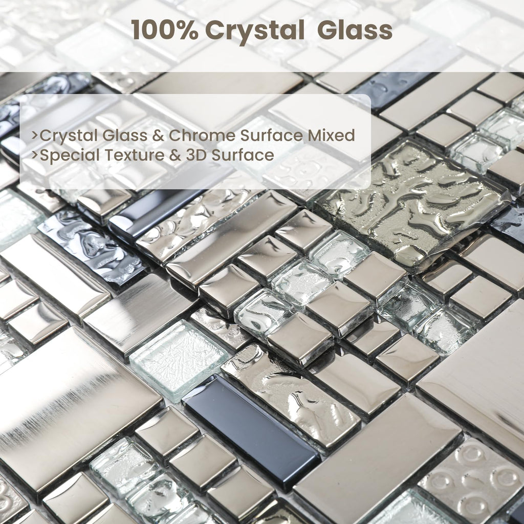 Glass Mosaic Tile Backsplash Grey and Silver 12 x 12 Inch 5 sq.ft.