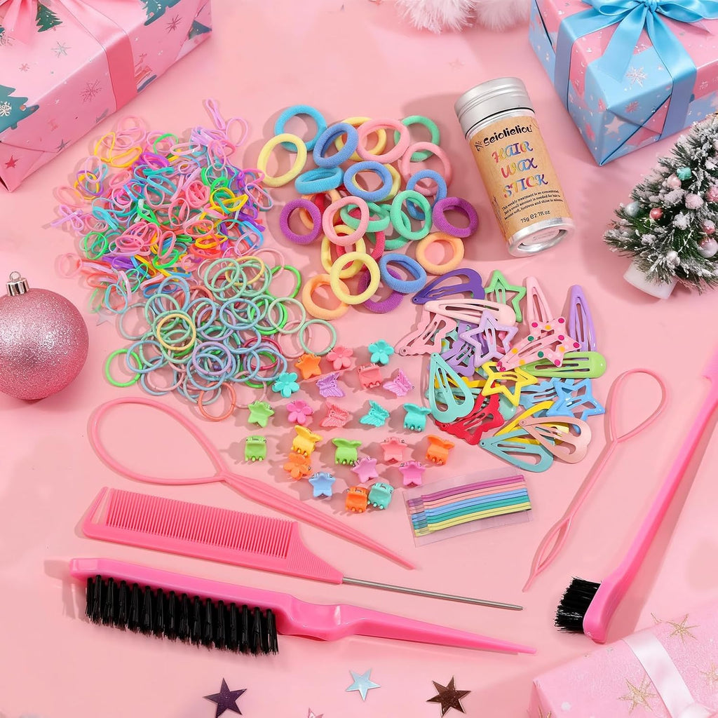Hair Accessories for Girls, 1350P Colorful Hair Ties with 72P Hair Clips