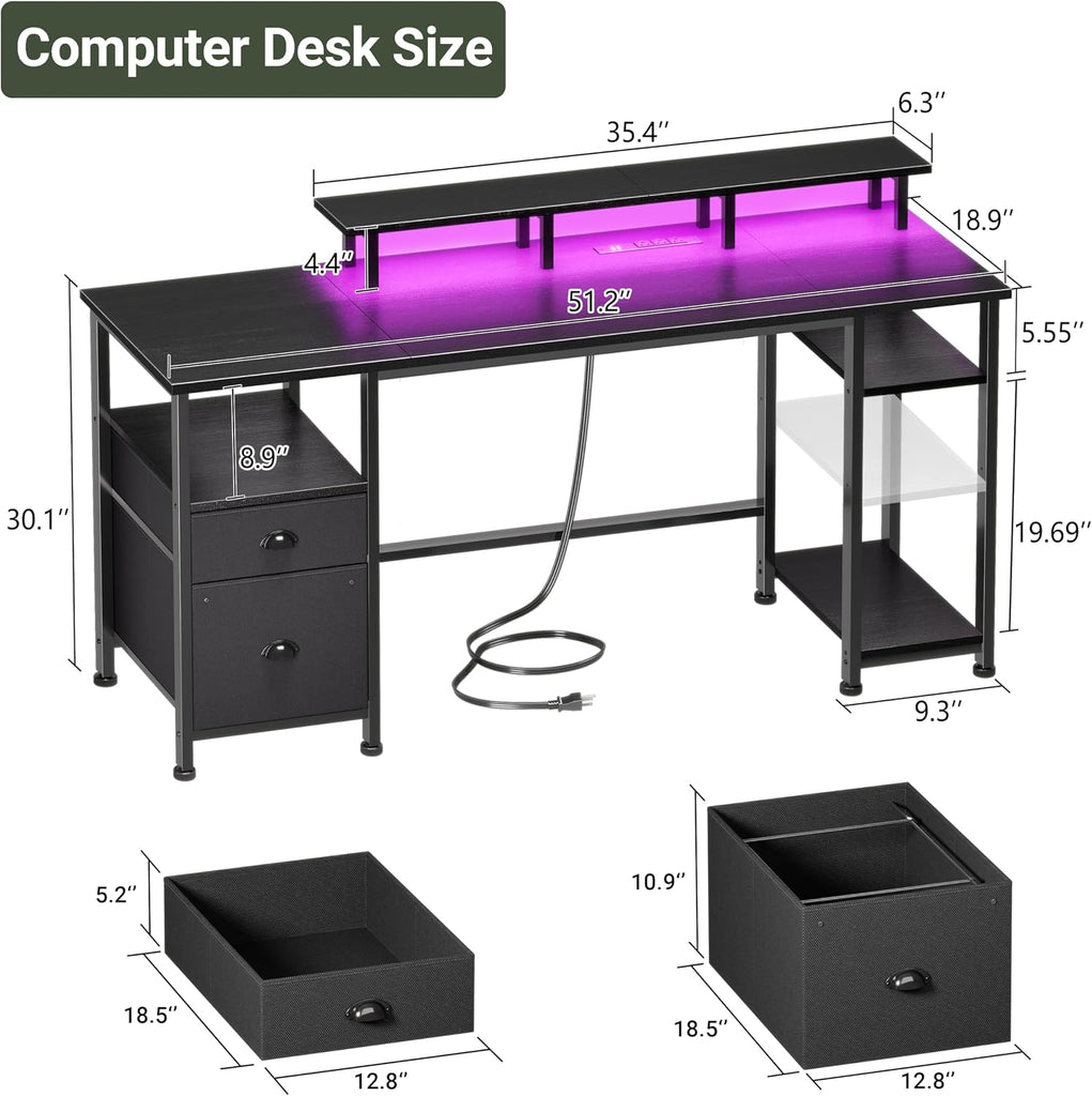 51" Gaming Desk with Power Outlets & LED Lights, Reversible Computer Desk with File Cabinet & Monitor Stand , Large