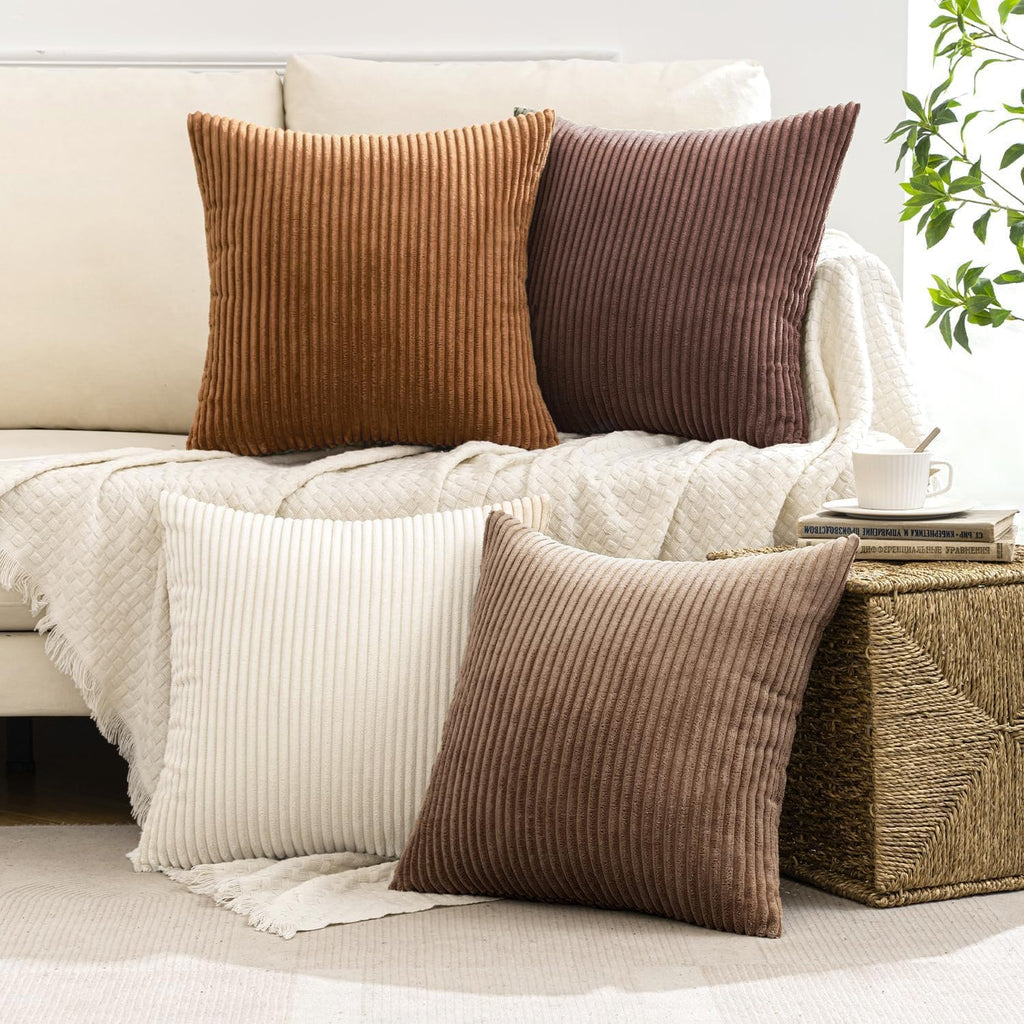 Boho Farmhouse Throw Pillow Covers 18x18 Inch Set of 4 Rustic Mordern Neutral Cushion Covers Soft Corduroy Nordic