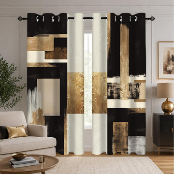 Boho Black Gold Abstract Blackout Curtains, Modern Oil Aesthetic Neutral Contemporary Beige Darkening Thermal