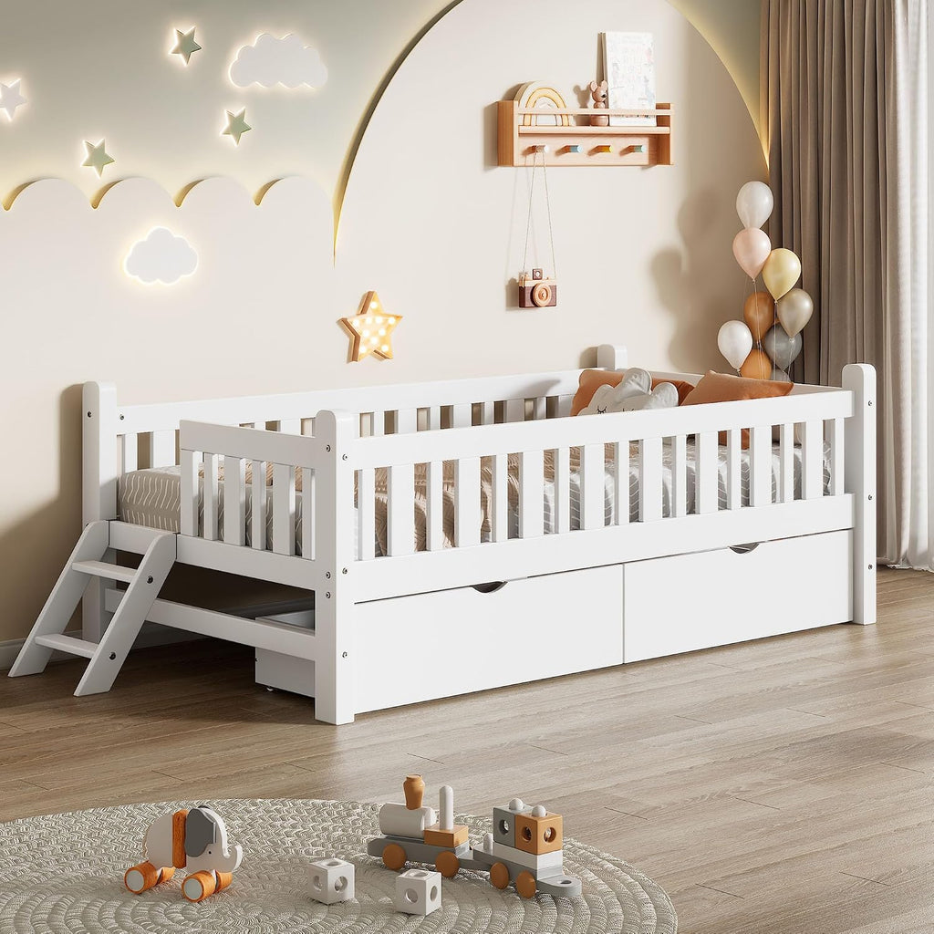 Kids Montessori Floor Bed with Storage Drawers, White