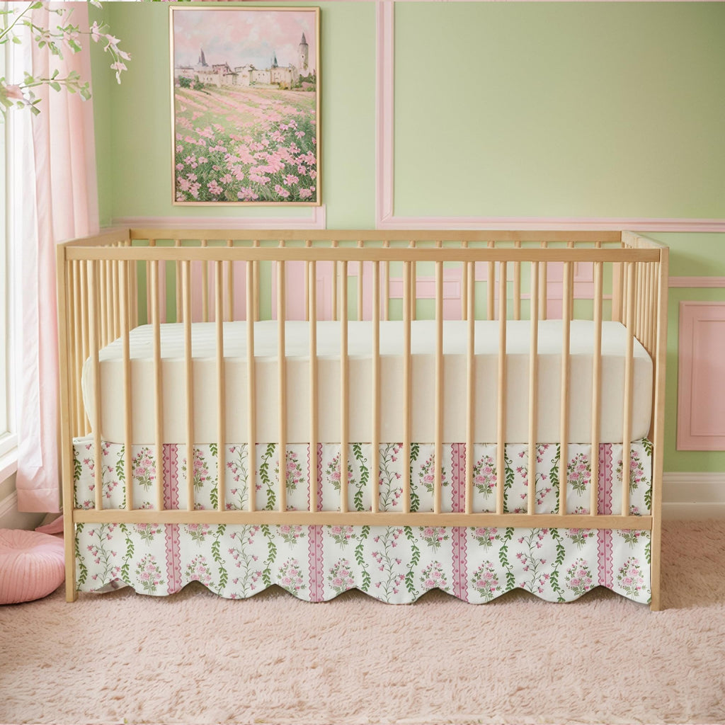 Scallop Edge Crib Skirt Organic Cotton Toddler Bedskirt Floral Stripes and Vines Baby Nursery Crib Bed Skirt Neutral