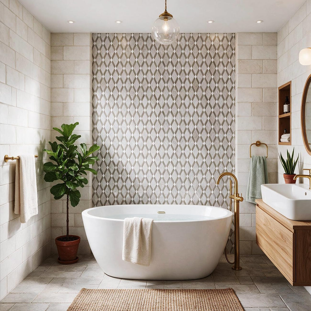 Gray Stone Diamond Mosaic Tiles, 5-Sheet Pack (5 Sq.Ft), Natural Textured Finish (Non-Polished), Geometric Rhombus