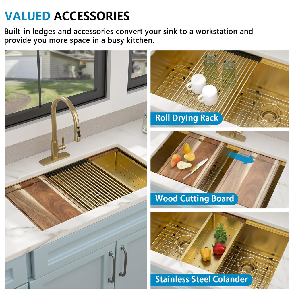 33"x19" Undermount Gold Double Bowl Kitchen Sink Workstation