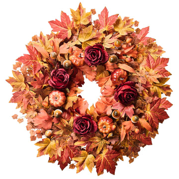 26" Large Artificial Fall Maple Leaves Wreath for Front Door, Autumn Orange
