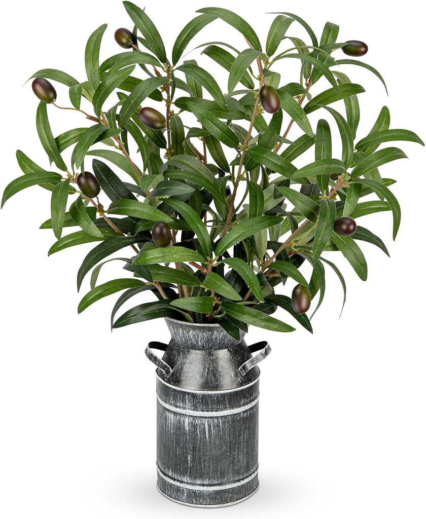Artificial Olive Branches with Rustic Metal Vase 19in Realistic Faux Olive Greenery Stems Faux Potted Plant Room