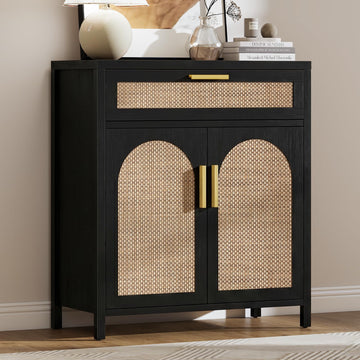 Rattan Buffet Cabinet with Storage, Sideboard Cabinet with Doors and Shelves, Accent Coffee Bar with Drawers