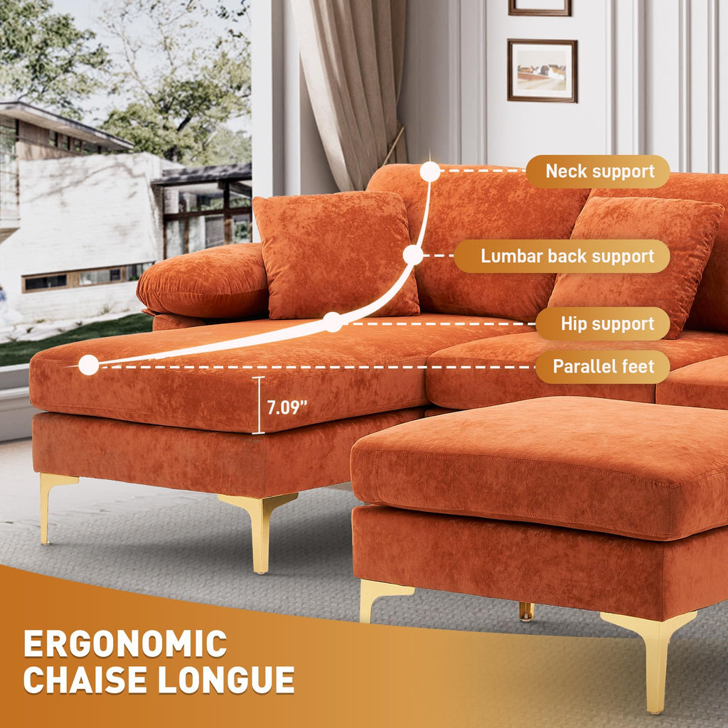 114" U-Shaped Velvet Sectional Couch with Ottoman, Orange