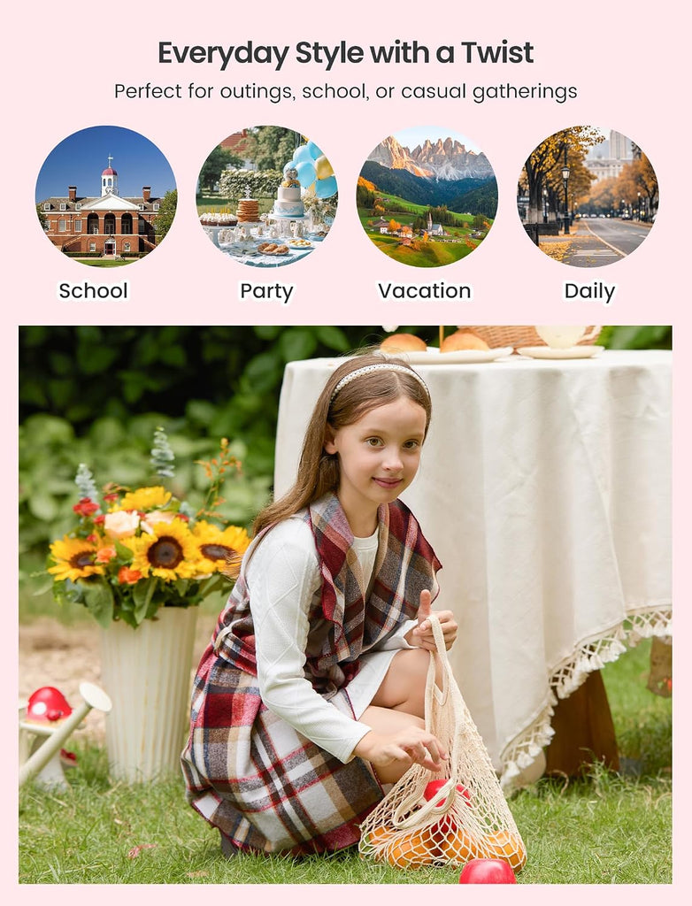 Girls Long Sleeve Plaid Cardigan Dress Set 3Pcs Belt Outfit