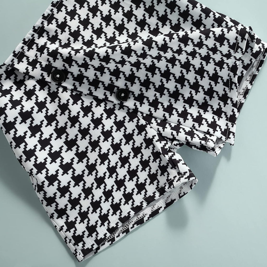 3PCS Toddler Baby Girl Ruffle Collar Button-Down Shirt + Long Sleeve Plaid Cardigan + Houndstooth Shorts Sets