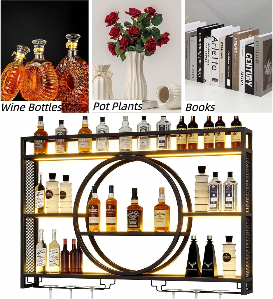 39.4" Wall Mounted Wine Rack with LED Light and Glas Holder | Industrial Metal Bar Shelf Wall Mounted Wine Rack