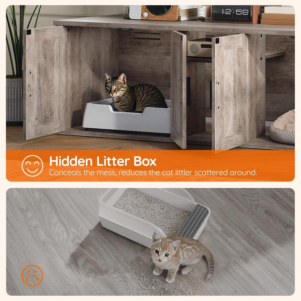 Double Litter Box Enclosure, Hidden Litter Box Enclosure with Corridor, Cat Litter Box Furniture with Storage Layer