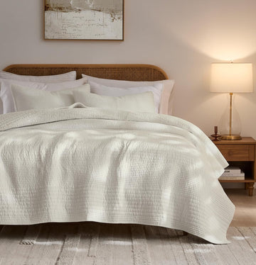 Striped Beige 100% Cotton Quilt Bedding Sets, Lightweight Crinkly Channel Pick Stitch Textured Bedspread Soft