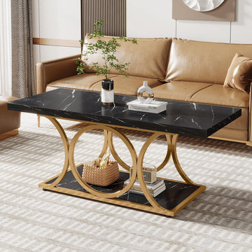 Rectangle Coffee Table, 47.24-inch Modern Coffee Tables, 2-Tier Faux Marble Wood Coffee Table with Geometric Metal