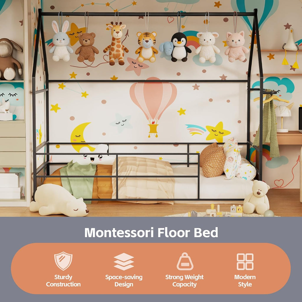 Montessori Bed Metal with Guardrails & Built-in Clothing Rack, No Box Spring Required, Black