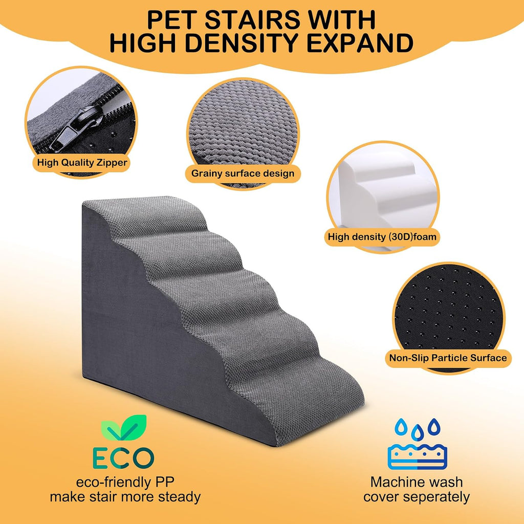 Dog Stairs for Bed, 5-Step Dog Steps for Couch and High Bed, Non-Slip Pet Stairs, 24" High Sofa Foam Ramp - Best