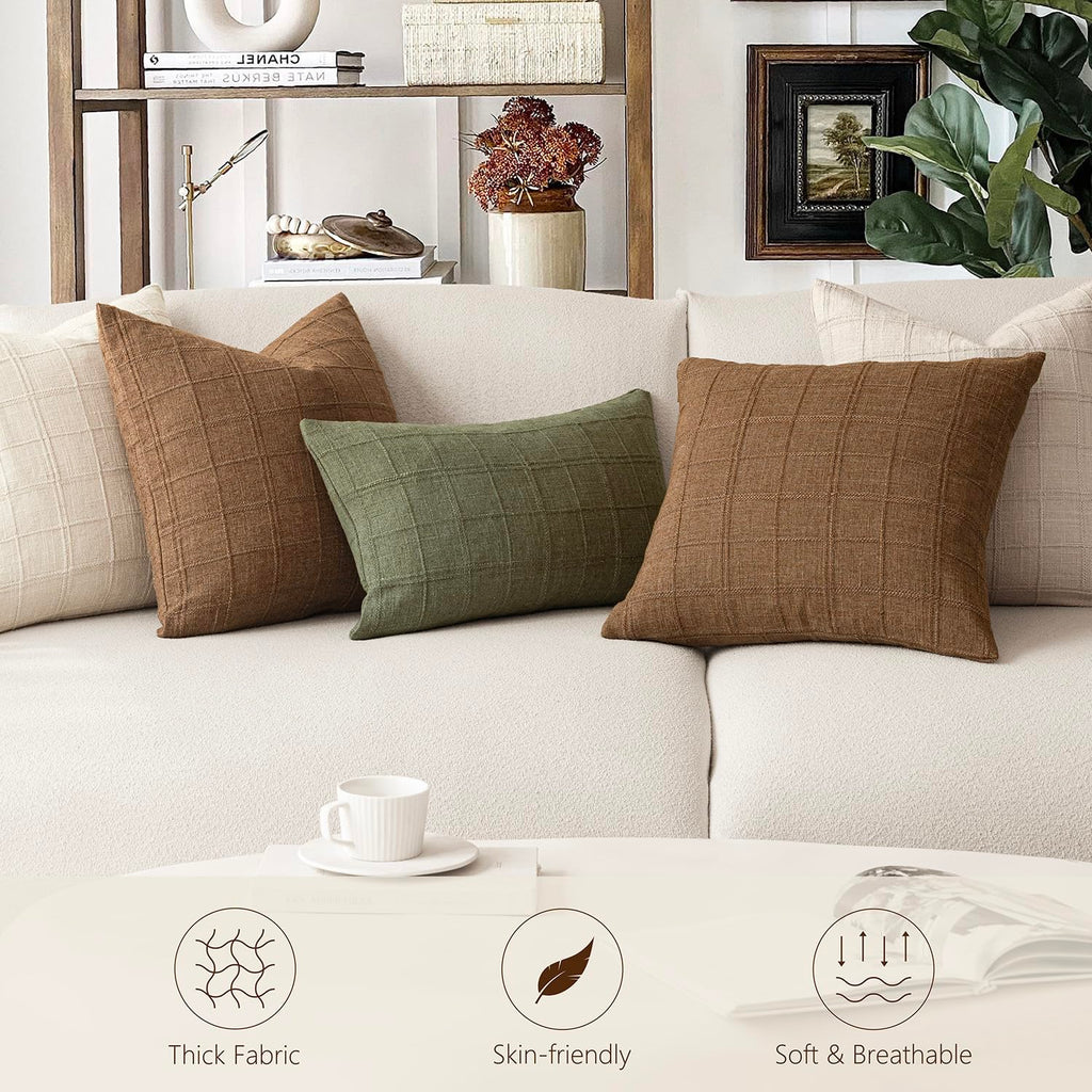Linen Check Decorative Throw Pillow Covers 22×22 Natural Beige