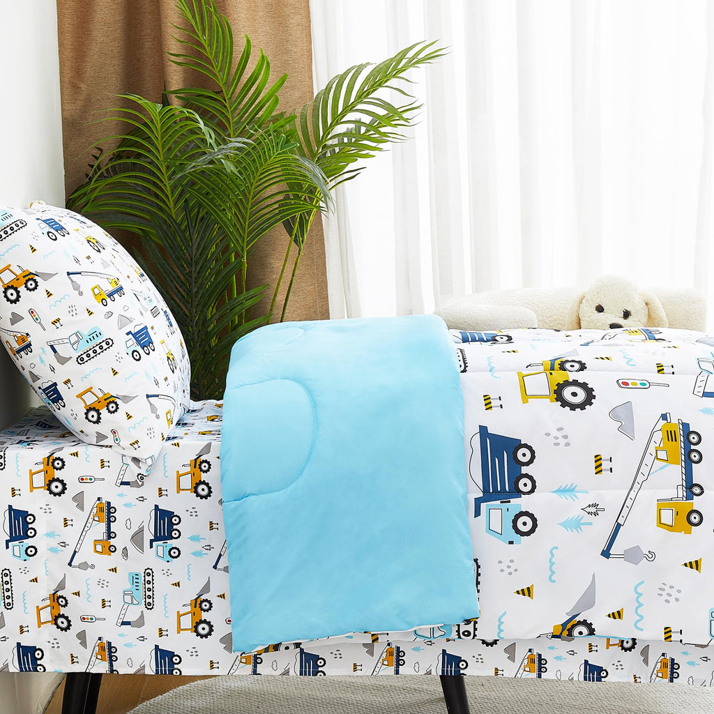 Cars Toddler Bedding Set, 4-Piece Bed-in-a-Bag Comforter Set for Boys, Construction Truck Bedding, Machine Washable