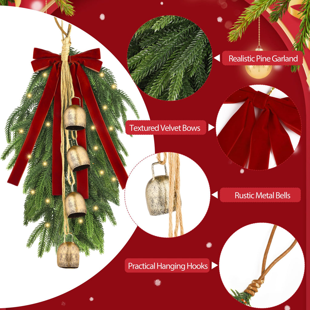 2 Pieces 20" Christmas Teardrop Swag for Front Door with Red Bowknot and Lights Artificial Norfork Pine Needles