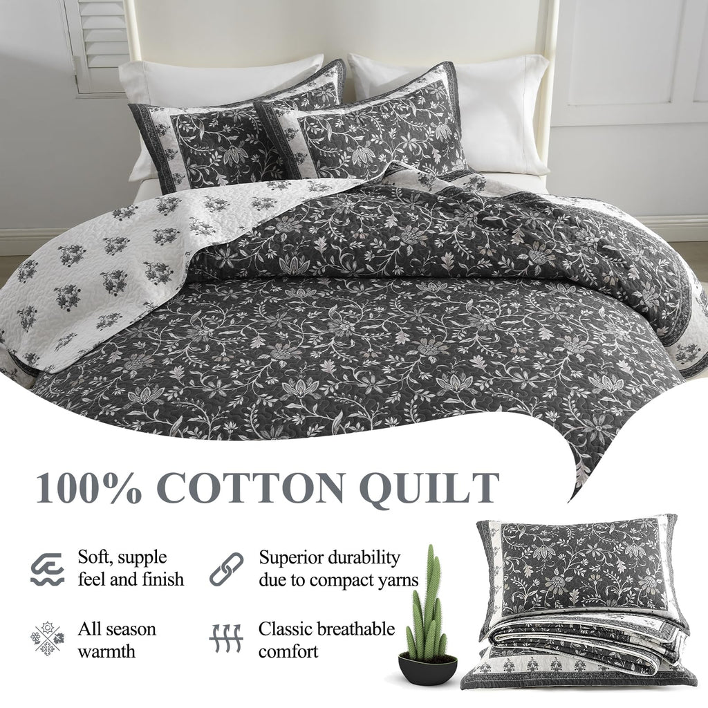 Farmhouse Botanical Quilt Set - 100% Cotton Quilts with 2 Pillow Shams, 3 Piece Bedspread Lightweight Bedding