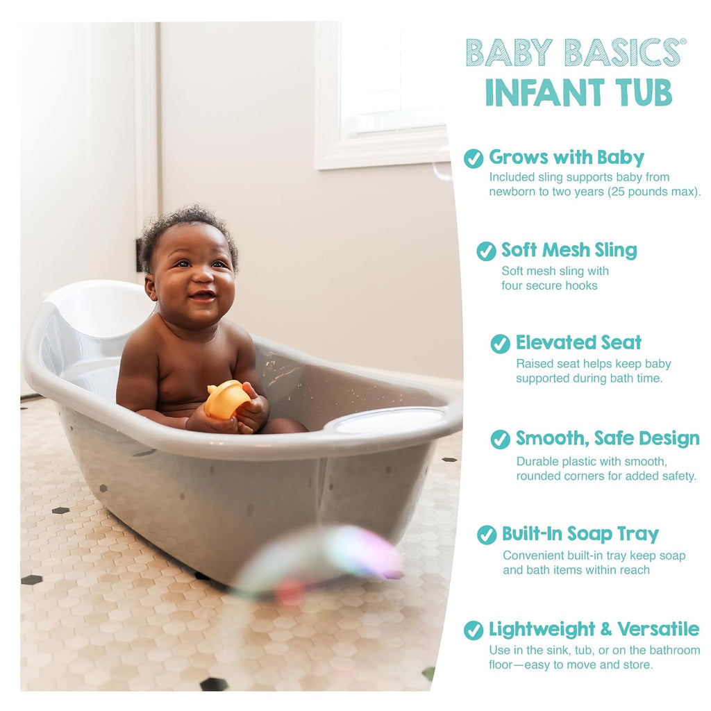 Baby Basics Infant Bath Tub with Air Mesh Sling, Adjustable Baby Bathtub for Newborn to Toddler, Baby Bath Seat