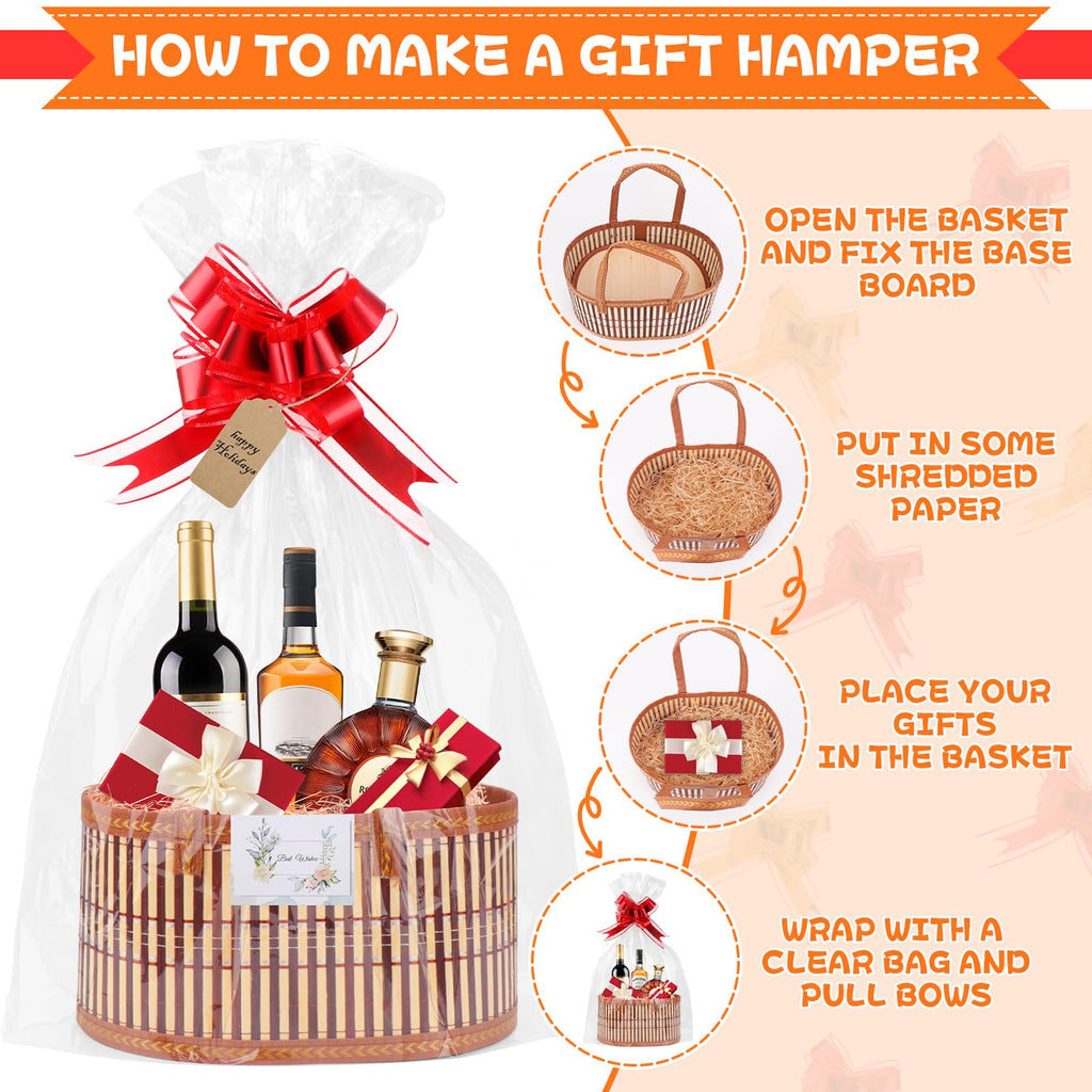 3 Pack Baskets for Gifts Empty, Woven Bamboo G-ift Basket Kit with Wrap Bags, Gift Card, Raffia and Pull Bows, Gifts