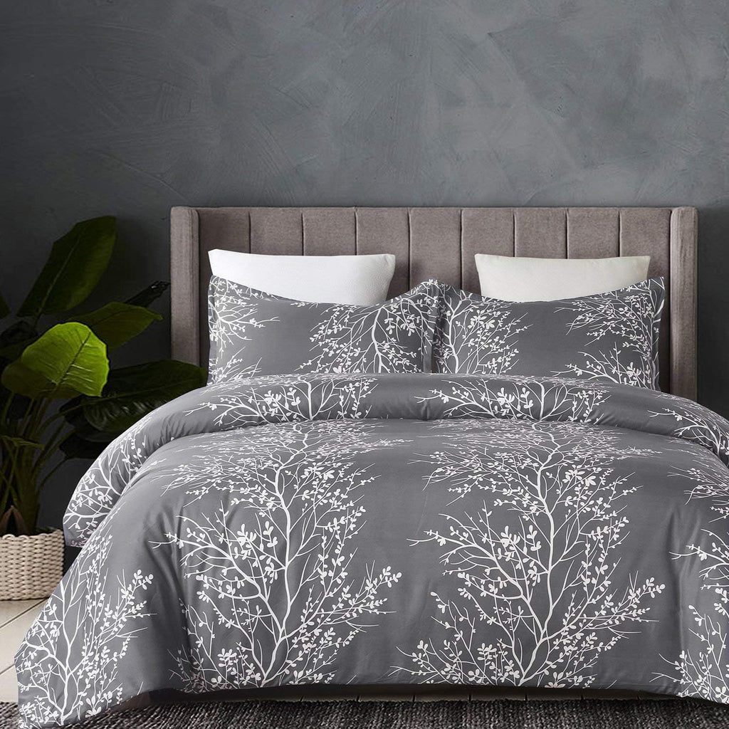 Lightweight Cooling Microfiber Duvet Cover Queen, Grey and White Floral Branches Print Pattern All Season, 3-Piece