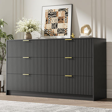 55" Wide Fluted 6-Drawer Double Dresser, Black