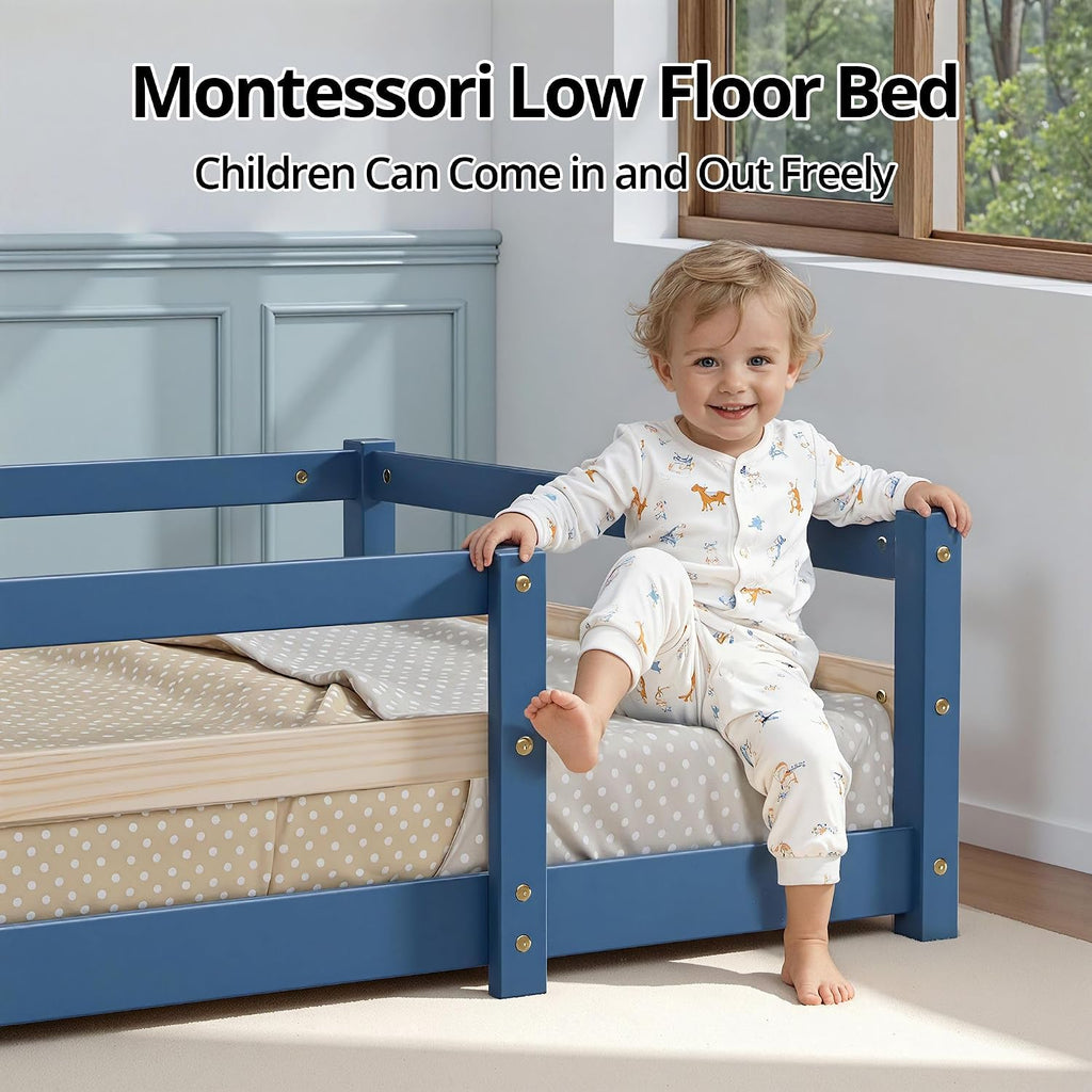 Montessori Bed, Solid Wood Floor Bed Frame with Safety High Fence, Montessori Floor Bed with Rails for Boys