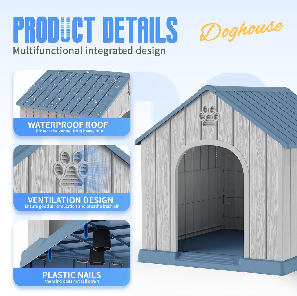 Large Dog House Indoor Outdoor, Blue, 38.62×36.26×38.07