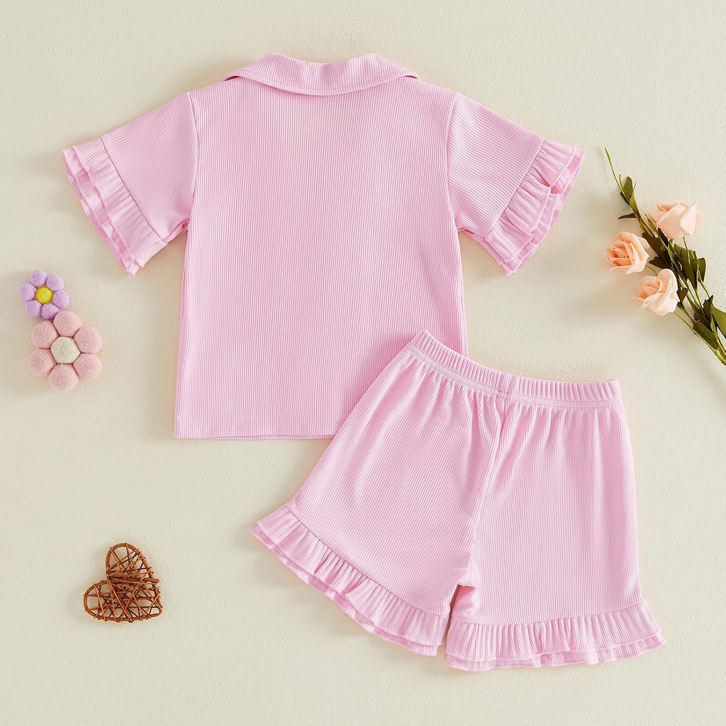 Toddler Baby Girls Ribbed Pajamas Set Ruffled Short Sleeve Button Up Shirt Tops Elastic Waist Shorts Girls Sleep Set