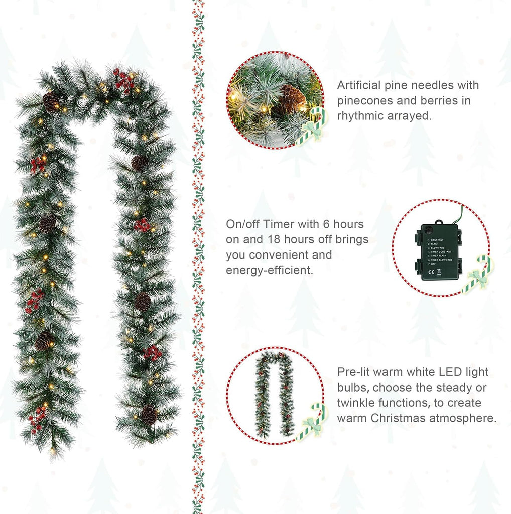 With Lights, Prelit Greenery Garland Pine Cones and Red Berries Christmas Garland for Mantle, Pine Garland with 50