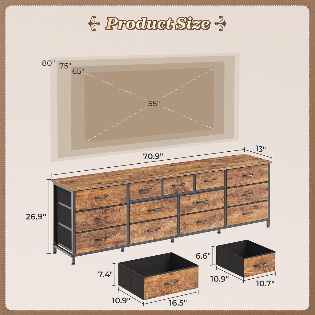 70 Inch Dresser , TV Stand for 65, 75, 80 Inch TV, 13 Fabric Drawer Long Dresser, Large Entertainment Center , Wide