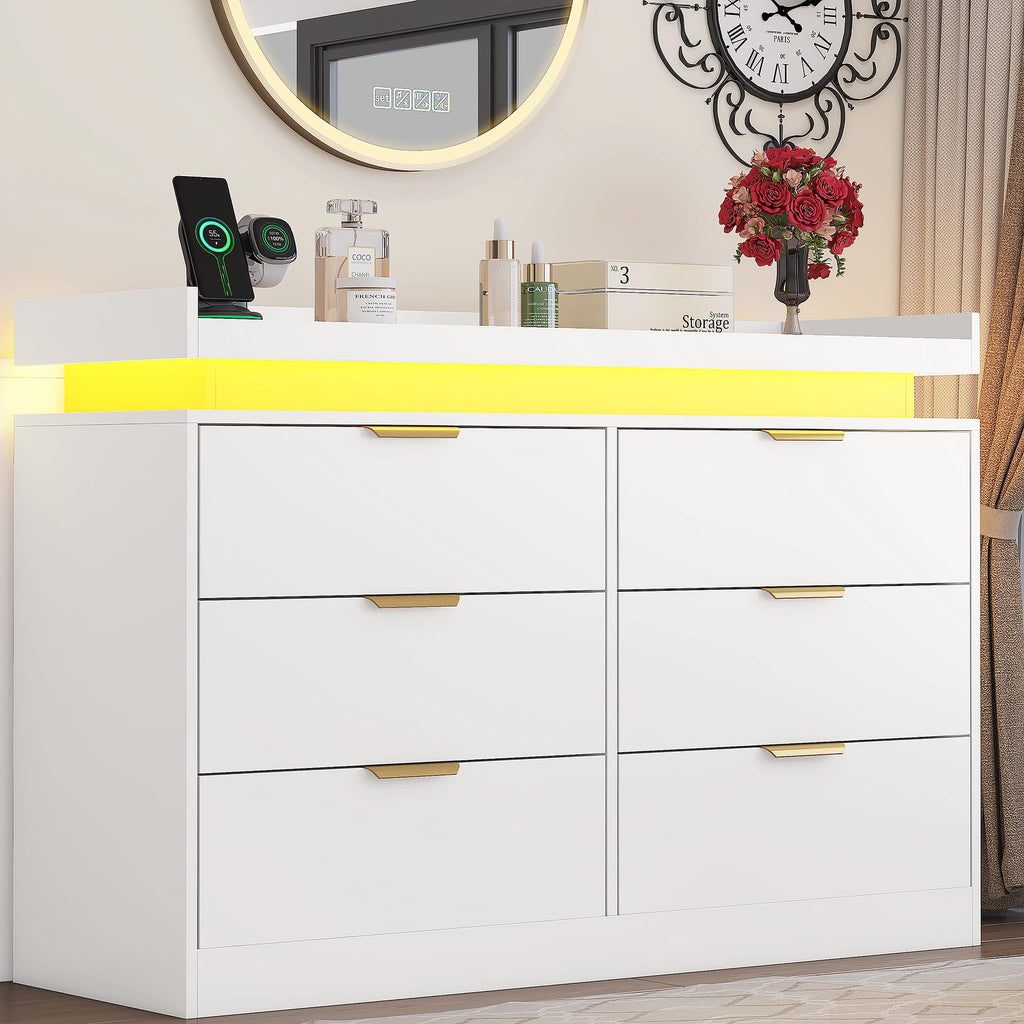 6 Drawer, White with LED Lights and Power Outlet, Wooden Dressers Chests of Drawers, Double Wide Dressers