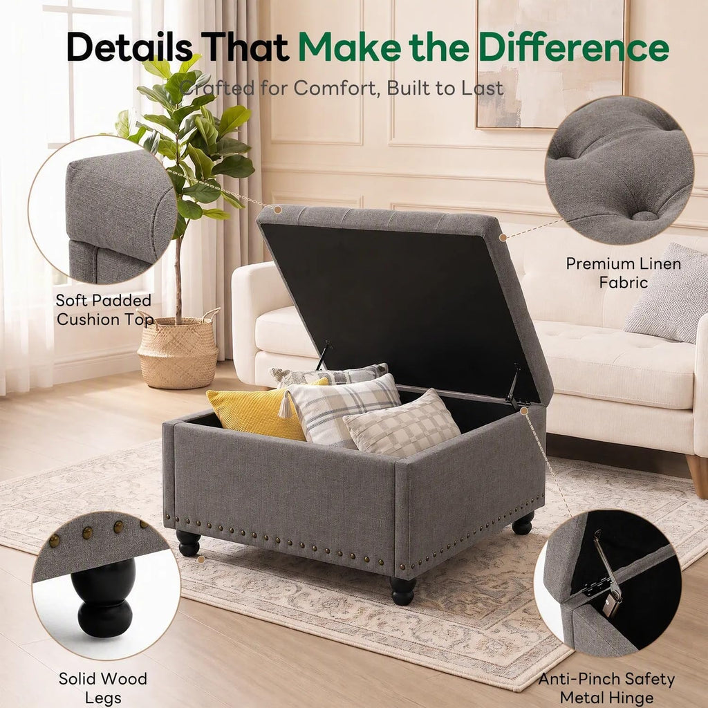 30 Inch Large Square Ottoman with Storage, Coffee Table, Dark Gray